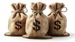 © horizon - one money bag with dollar sign isolated on white background, detailed illustrations of three large canvas burlap jute rustic style pouches filled to the brim and tied at top with string or rope.
