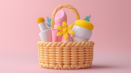 Poster - A visually stunning 3D concept portraying a shopping basket overflowing with glamorous makeup products, such as foundation, mascara, and highlighter