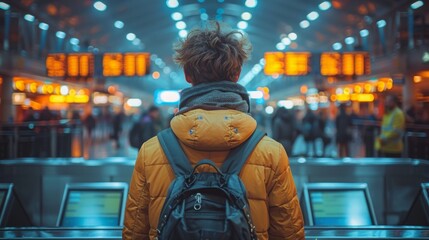 Sticker - Airport security check. Young man waiting for x-ray control his bag.