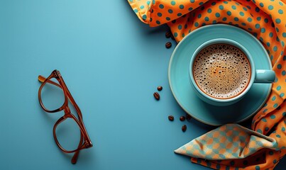 Wall Mural - flat lay composition featuring a gift neckties eyeglasses, a cup of coffee on a vibrant blue background ideal for themes related to business gifting or celebration.stock image