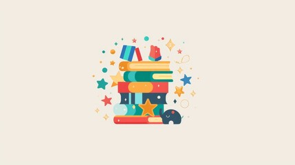 Canvas Print - whimsical and colorful logo featuring a stack of books with playful elements like stars, animals, and magical items 