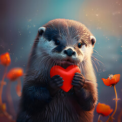 Wall Mural - Creative, abstract, love illustration of a cute animal giving its heart as a Valentine's Day gift. Little baby otter. Illustration, 