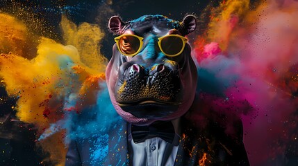 Wall Mural - Adorable hippo wear sunglasses with color cloud explosion background