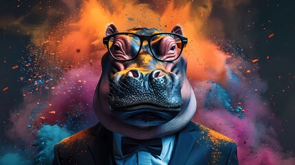 Wall Mural - Adorable hippo wear sunglasses with color cloud explosion background