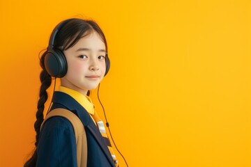 Wall Mural - Asian schoolgirl stands on a yellow background with a backpack and wearing headphones, looking up at empty copyspace for text.