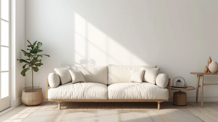 Wall Mural - Bright living room with a soft cozy sofa near a wooden side table and houseplant in a wicker basket in natural sunlight from windows