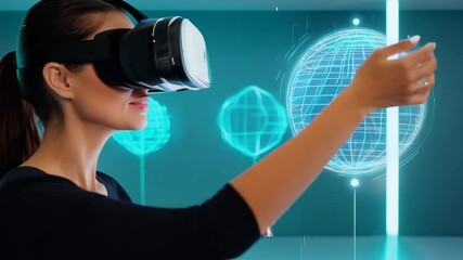 Poster - Woman Using VR Headset Interacts With Holographic Globe Generative AI