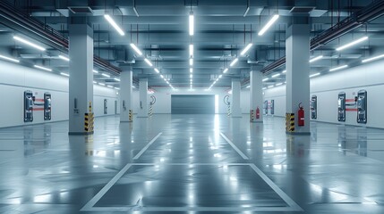 Poster - A big empty garage with car chargers, ultra realistic, taken at a slight angle. Generative AI.
