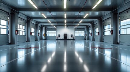 Poster - A big empty garage with car chargers, ultra realistic, taken at a slight angle. Generative AI.
