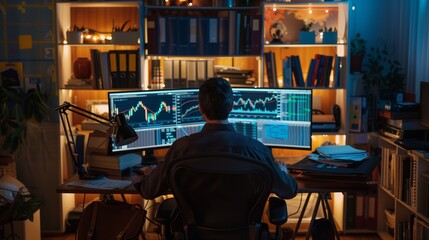 Poster - A man sits at his desk in a dimly lit room, intently focused on two computer screens displaying stock market data. He is surrounded by bookshelves filled with books and other objects.