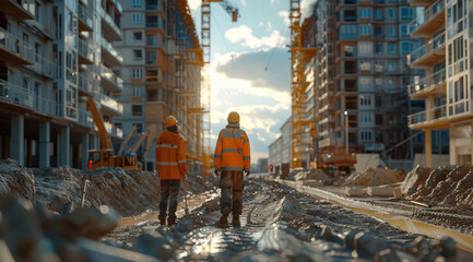 Wall Mural - A clean construction site with employees, outdoor, ground level. Generative AI.