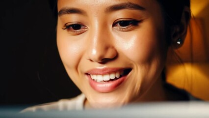 Poster - Woman Smiling at Laptop in Evening Generative AI