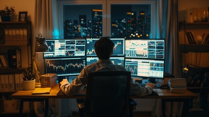 Fototapete - A person sits at a desk with multiple monitors showing stock charts. They are working late at night in a home office.