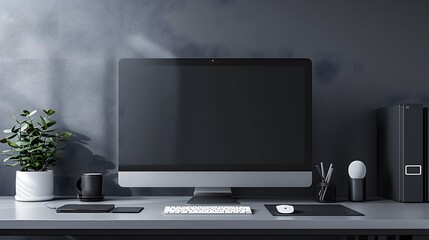 Fototapete - A sleek workspace featuring a high-tech computer and wireless accessories, positioned against a cool grey wall. Web banner format with ample negative space on the left for text or graphics.