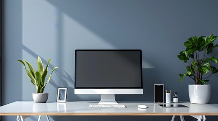 Fototapete - A sleek workspace featuring a high-tech computer and wireless accessories, positioned against a cool grey wall. Web banner format with ample negative space on the left for text or graphics.