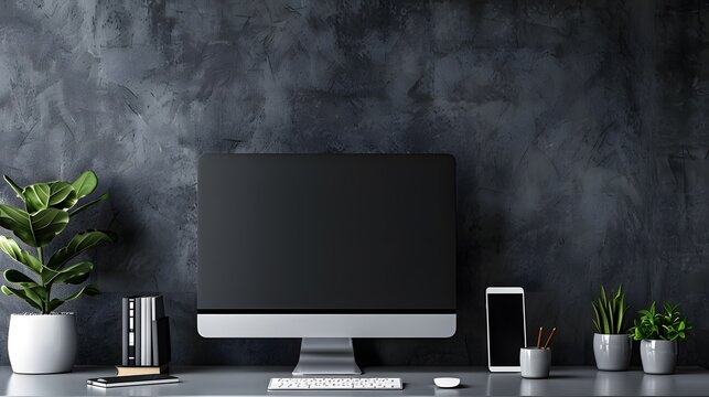 A sleek workspace featuring a high-tech computer and wireless accessories, positioned against a cool grey wall. Web banner format with ample negative space on the left for text or graphics.