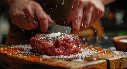 Canvas Print - Butcher cuts fresh meat on the wood board. Beef steak and salt on background. Generative AI.