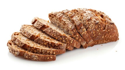 Aromatic whole grain bread slices captured in a minimalist composition against a pure white background, ideal for bakery products or healthy eating themes