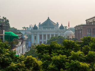 Wall Mural - Aerial drone view of Hanoi old quarter with Hanoi Opera House in Hoan Kiem district.