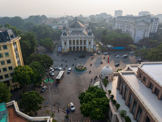 Wall Mural - Aerial drone view of Hanoi old quarter with Hanoi Opera House in Hoan Kiem district.