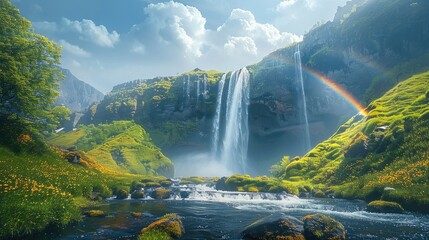 Poster - The rainbow is located above the mountain waterfall. The scenery is stunning. Generative AI.