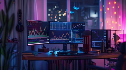 Fototapete - A close-up shot of a desk at night with multiple monitors displaying stock charts, showcasing a serious traders setup.