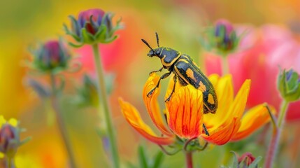Poster - A beetle perched on a wildflower, blending with the petals in its natural habitat
