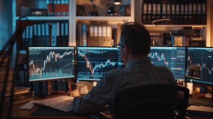 Aufkleber - A man sits in front of multiple computer monitors displaying stock market charts, analyzing data in a dimly lit home office.