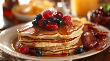 Poster - A brunch spread with fluffy pancakes, maple syrup, fresh berries, and a side of crispy bacon
