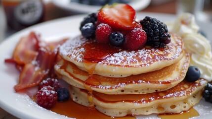 Poster - A brunch spread with fluffy pancakes, maple syrup, fresh berries, and a side of crispy bacon