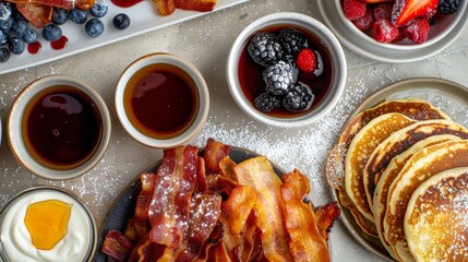 Poster - A brunch spread with fluffy pancakes, maple syrup, fresh berries, and a side of crispy bacon