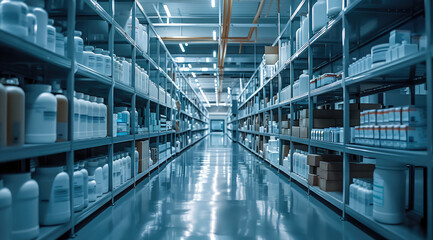 Poster - A medicine company storage factory, clean. Generative AI.