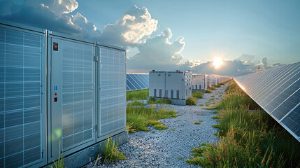 Aufkleber - Photovoltaic power plant with battery storage, clean energy power concept. Generative AI.