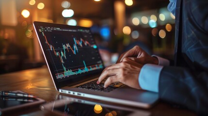 Poster - A businessman in a suit using a laptop to manage stock market investments and trading