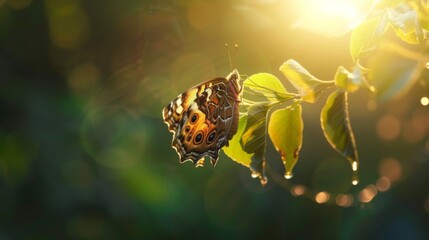 Poster - A butterfly emerging from its chrysalis, wings still unfolding in the morning light