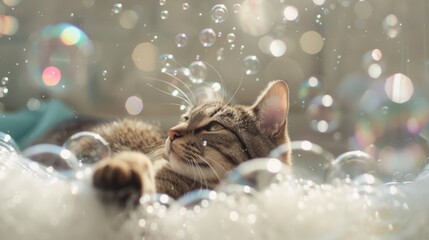 Poster - A cat fascinated by a bubble bath, pawing at the bubbles floating on the water