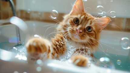 Poster - A cat fascinated by a bubble bath, pawing at the bubbles floating on the water