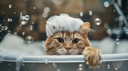 Aufkleber - A cat in a bathtub with a shower cap on, surrounded by bubbles