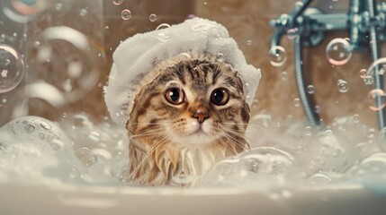 Aufkleber - A cat in a bathtub with a shower cap on, surrounded by bubbles