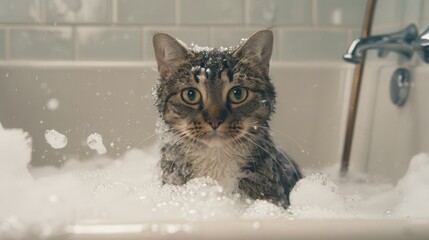 Poster - A cat standing in a shallow bathtub, with suds all over its body