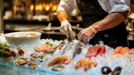 Sticker - A chef preparing a seafood dish, with fresh fish and shellfish on ice