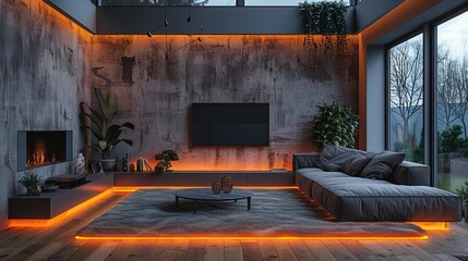 Sticker - Design a minimalist modern living room with a low-profile sofa, a floating TV stand, and LED strips installed along the