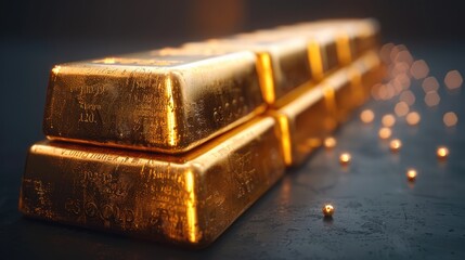 Poster - Gold bars stacked on a dark background. Represent concepts related to business and finance. Generative AI.