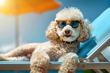 Sticker - poodle dog with sunglasses sunbathing on sun lounger. summer and vacation concepts. 