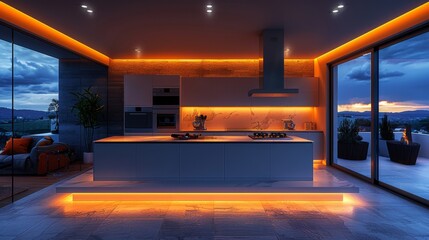 Sticker - Design a sleek and stylish kitchen with a small TV screen mounted on the wall and LED strips installed under