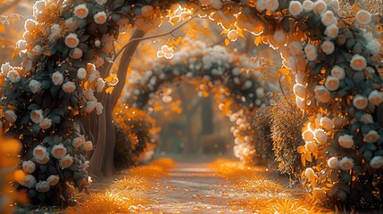 Poster - An archway filled with white flowers, in the style of bokeh panorama, light orange and light gold. Generative AI.