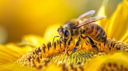 Poster - A close-up of a bee collecting pollen from a vibrant yellow sunflower