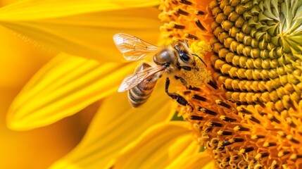 Poster - A close-up of a bee collecting pollen from a vibrant yellow sunflower