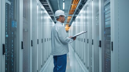 Fototapete - An engineer in a white data center, a computer data center, holds a clipboard. Generative AI.