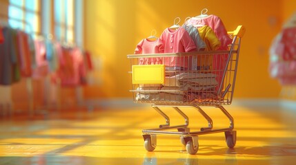 Poster - Detailed photograph of a shopping cart overflowing with baby clothes and nursery decor, isolated on a bright yellow background, symbolizing